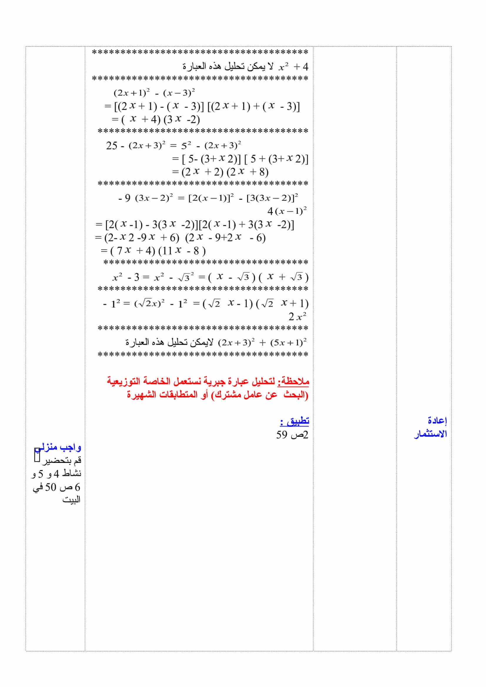 درس جداء يسمى التحليل عن طريق المتطابقات الشهيرة للسنة 4 متوسط