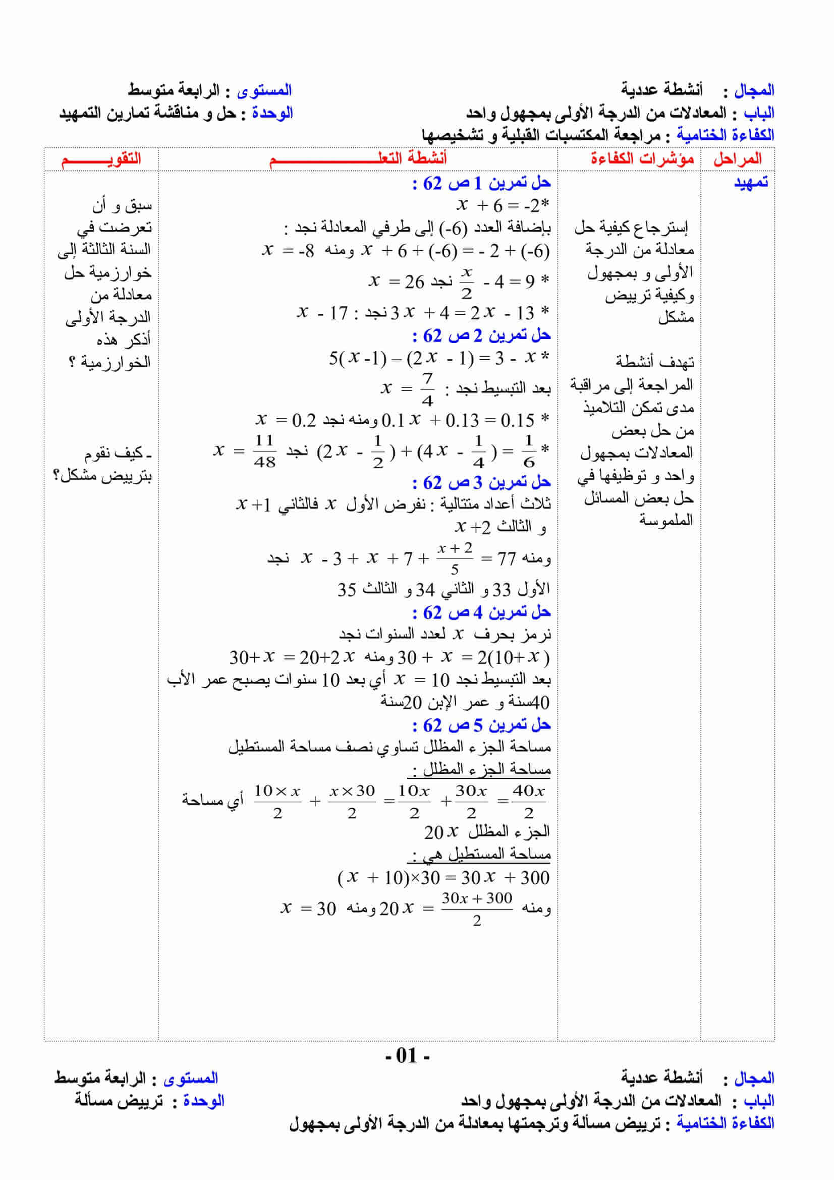 المعادلات من الدرجة الأولى بمجهول واحد للسنة 4 متوسط