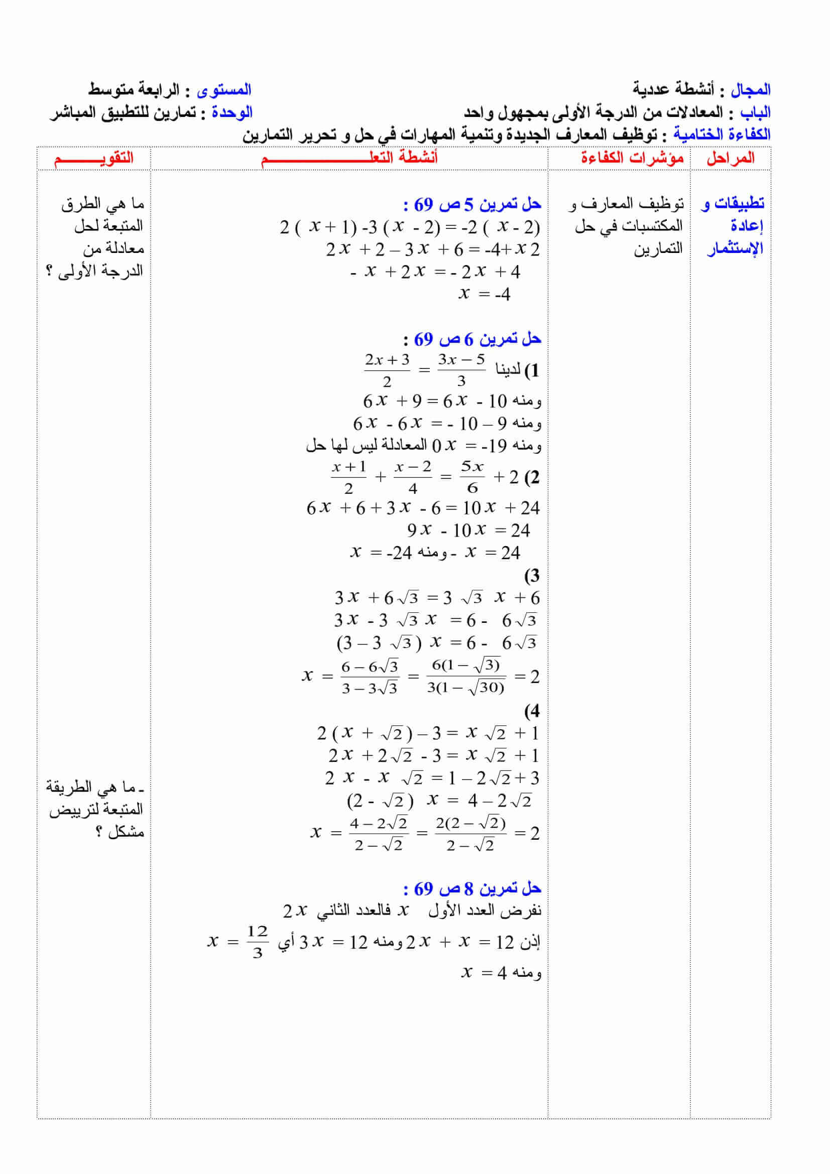 تمارين للتطبيق معادلة جداء معدوم للسنة 4 متوسط