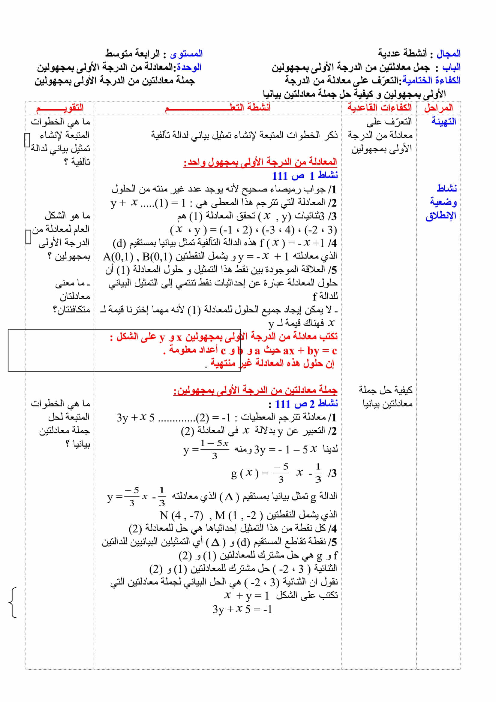 جمل معادلتين من الدرجة الأولى بمجهولين