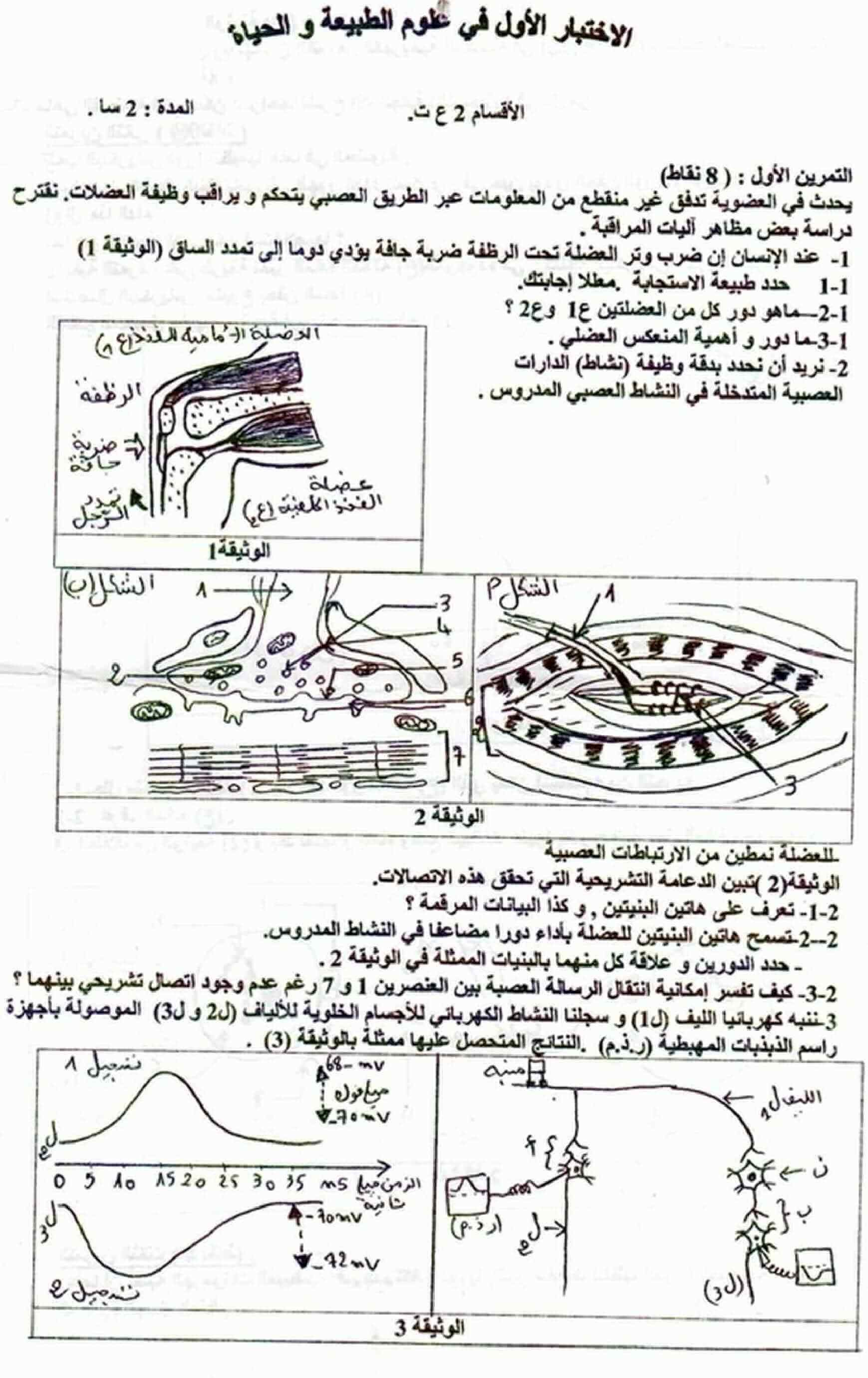 اختبار الفصل الاول في مادة العلوم الطبيعية للسنة الثانية ثانوي النموذج 3