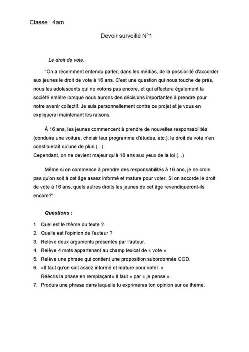 اختبار الفصل الاول في مادة اللغة الفرنسية للسنة الرابعة متوسط النموذج 4
