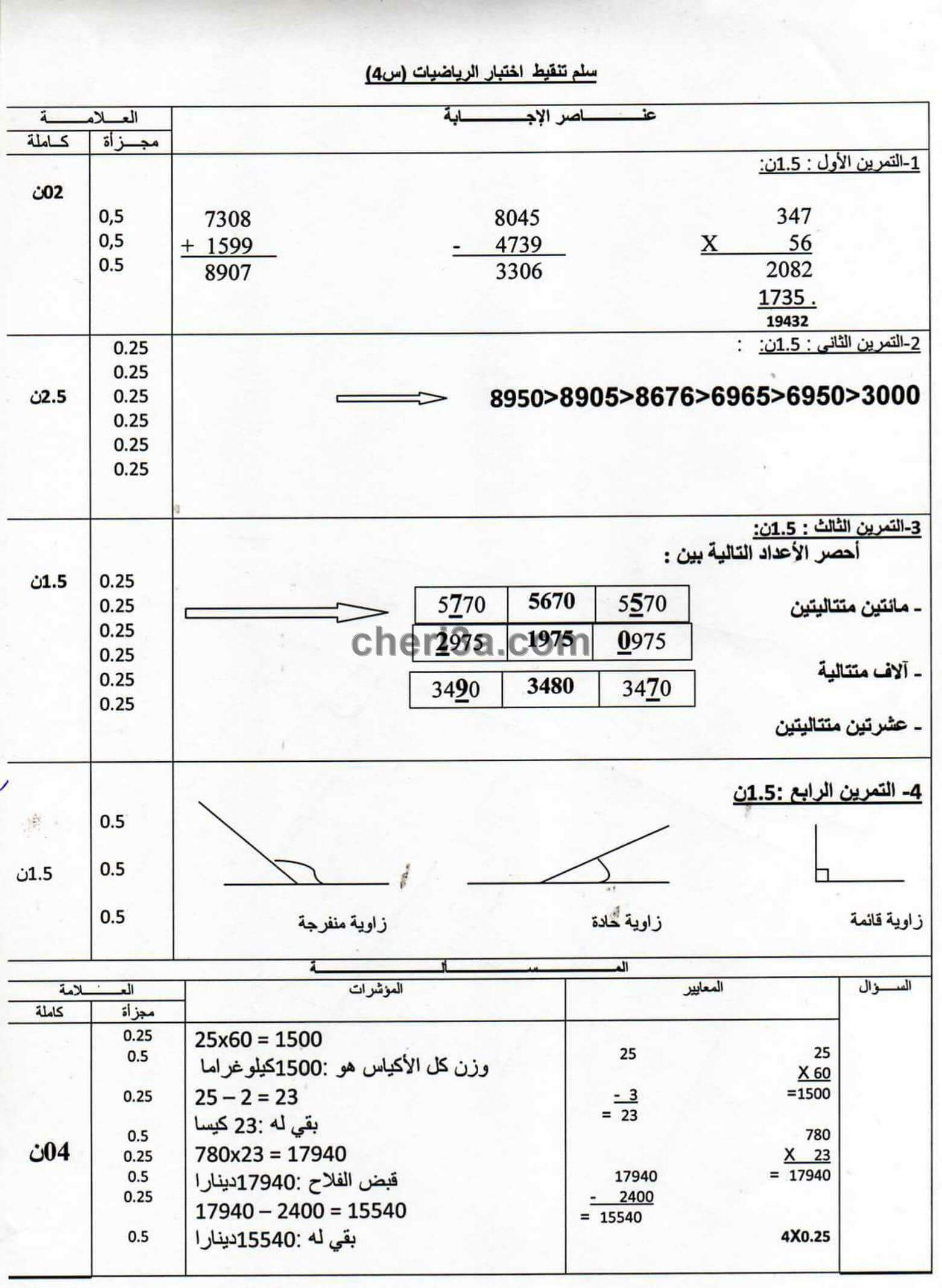 اختبار الفصل الاول للسنة الرابعة ابتدائي في الرياضيات النموذج 4