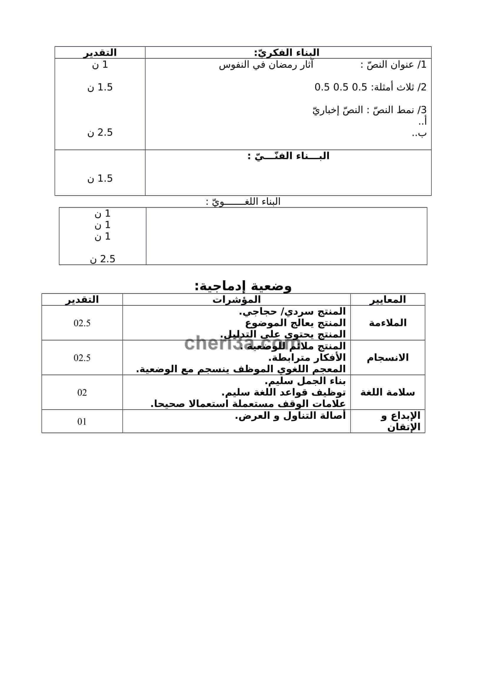 اختبار الفصل الاول للسنة الثالثة متوسط في اللغة العربية 