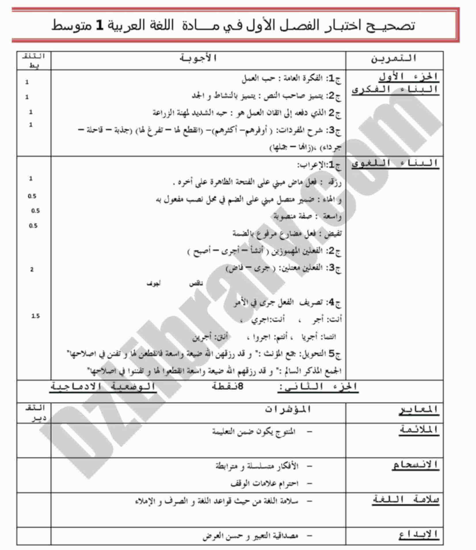 اختبار الفصل الأول في اللغة اللغة العربية للسنة الاولى متوسط النموذج 3