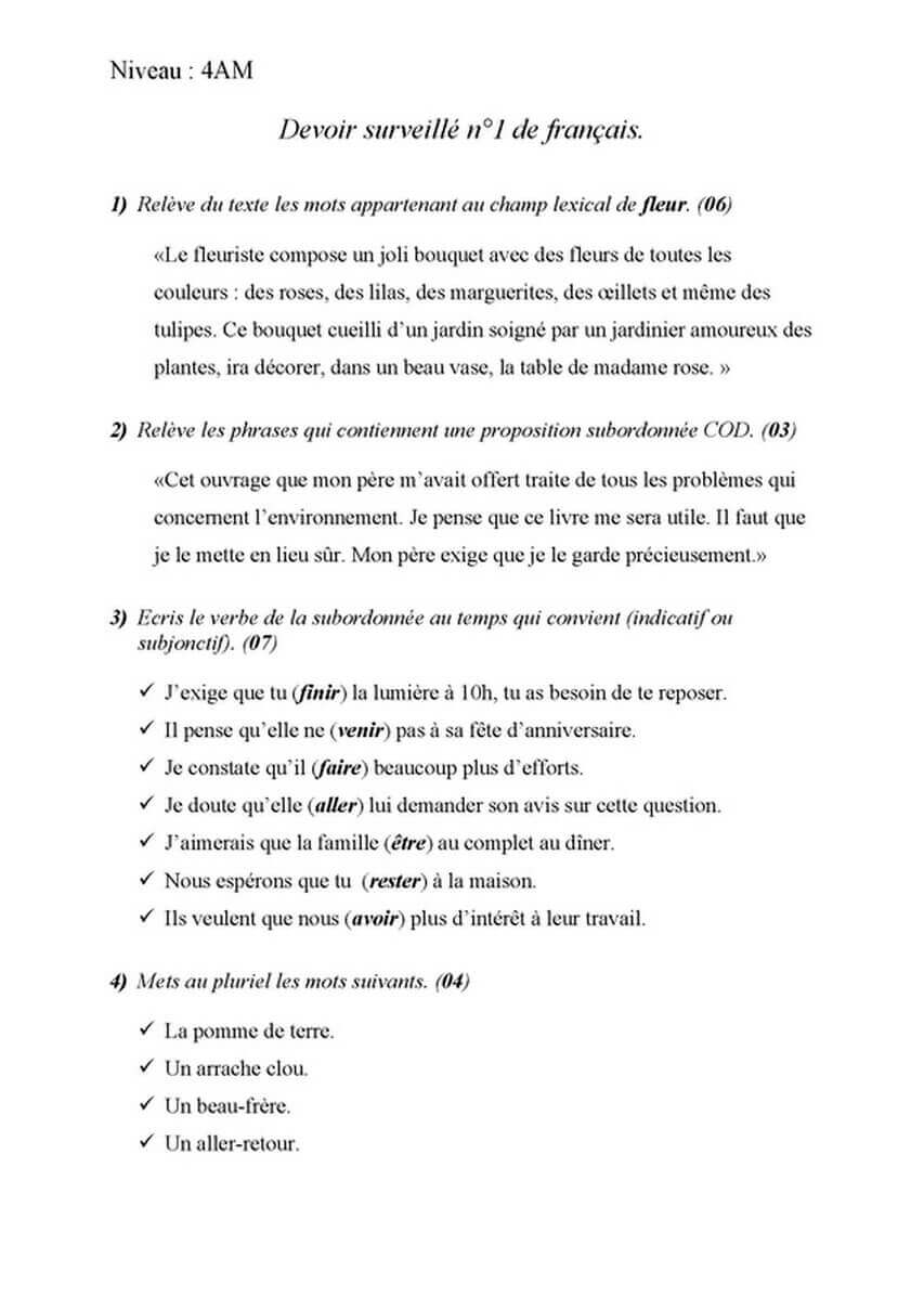 اختبار الفصل الاول في مادة اللغة الفرنسية للسنة الرابعة متوسط النموذج 5