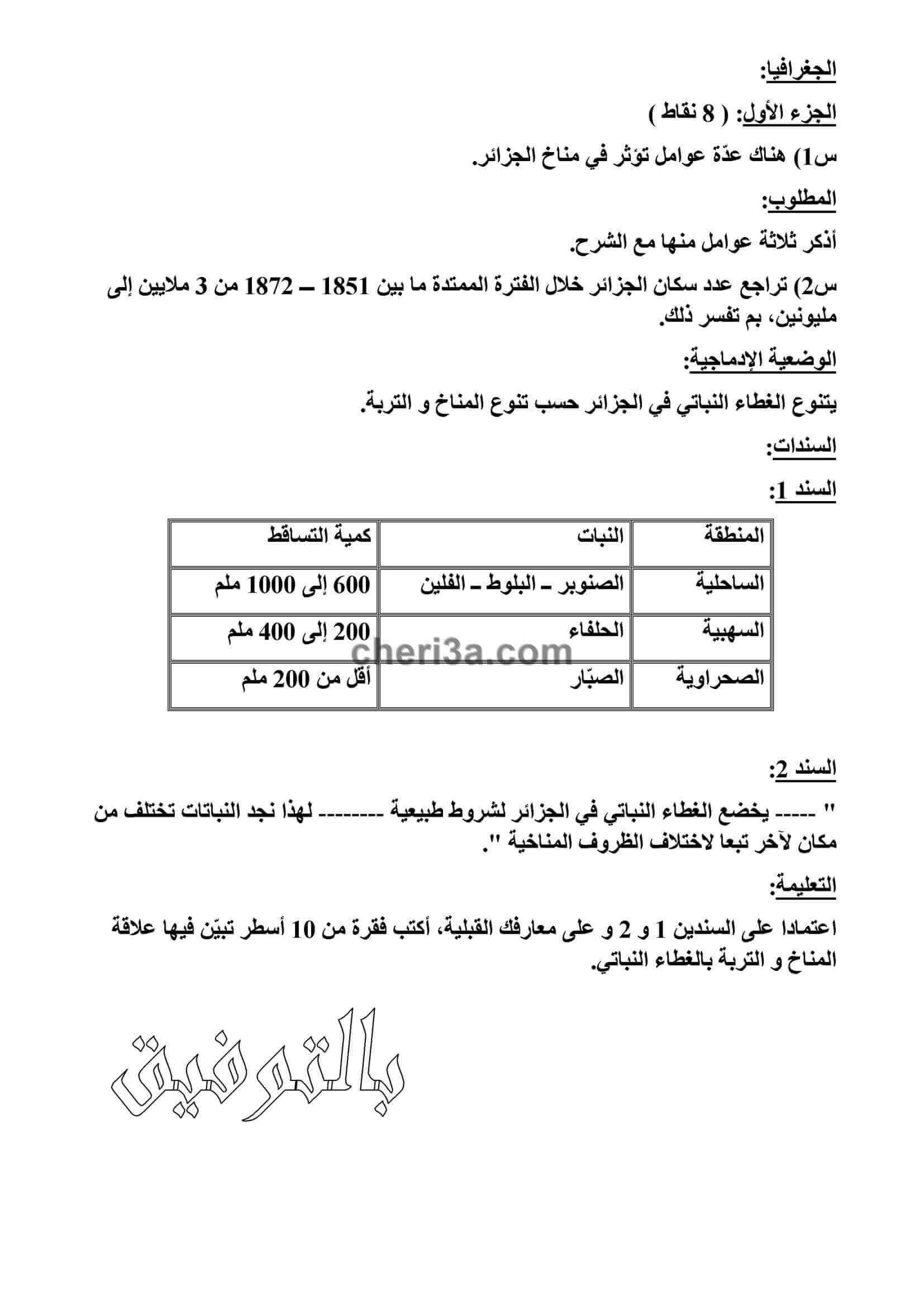 اختبار الفصل الاول للسنة الرابعة متوسط تاريخ وجغرافيا النموذج 6