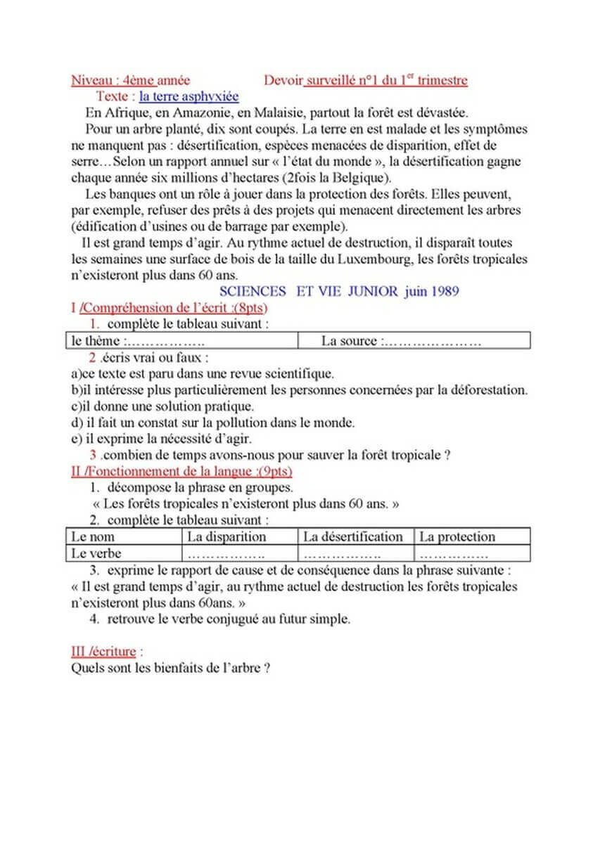اختبار الفصل الاول في مادة اللغة الفرنسية للسنة الرابعة متوسط النموذج 6