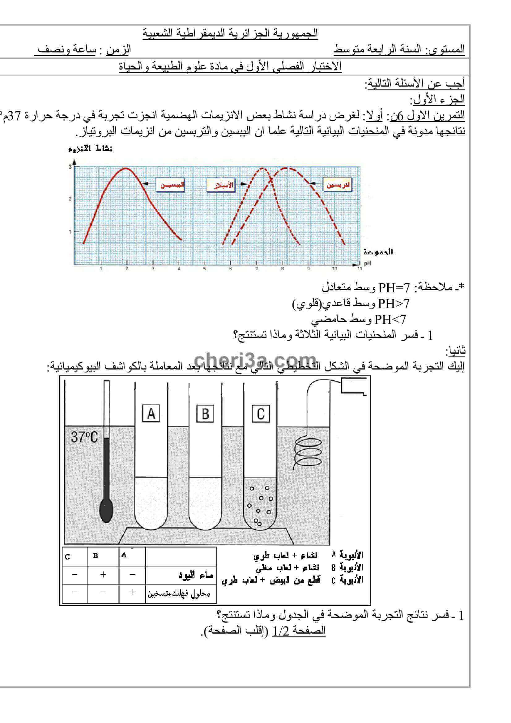 اختبار الفصل الاول للسنة الرابعة متوسط في العلوم الطبيعية