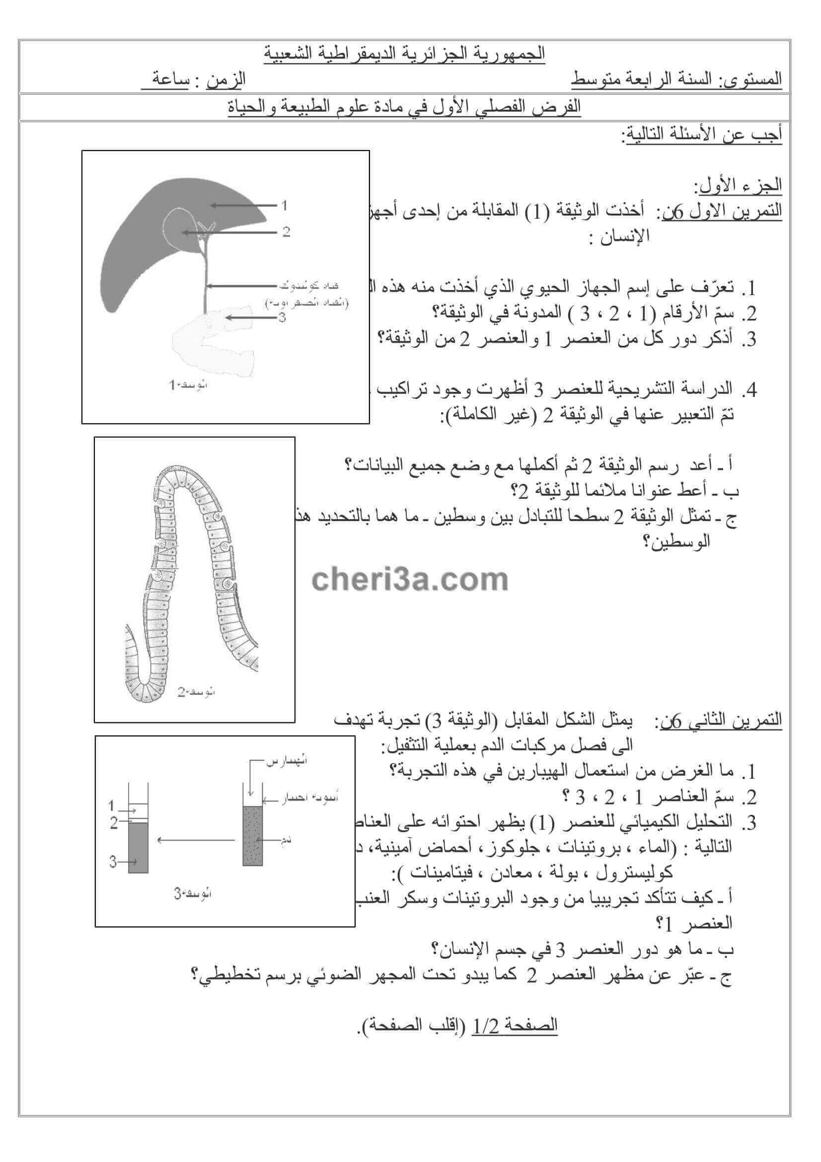 اختبار الفصل الاول للسنة الرابعة متوسط في العلوم الطبيعية النموذج 5