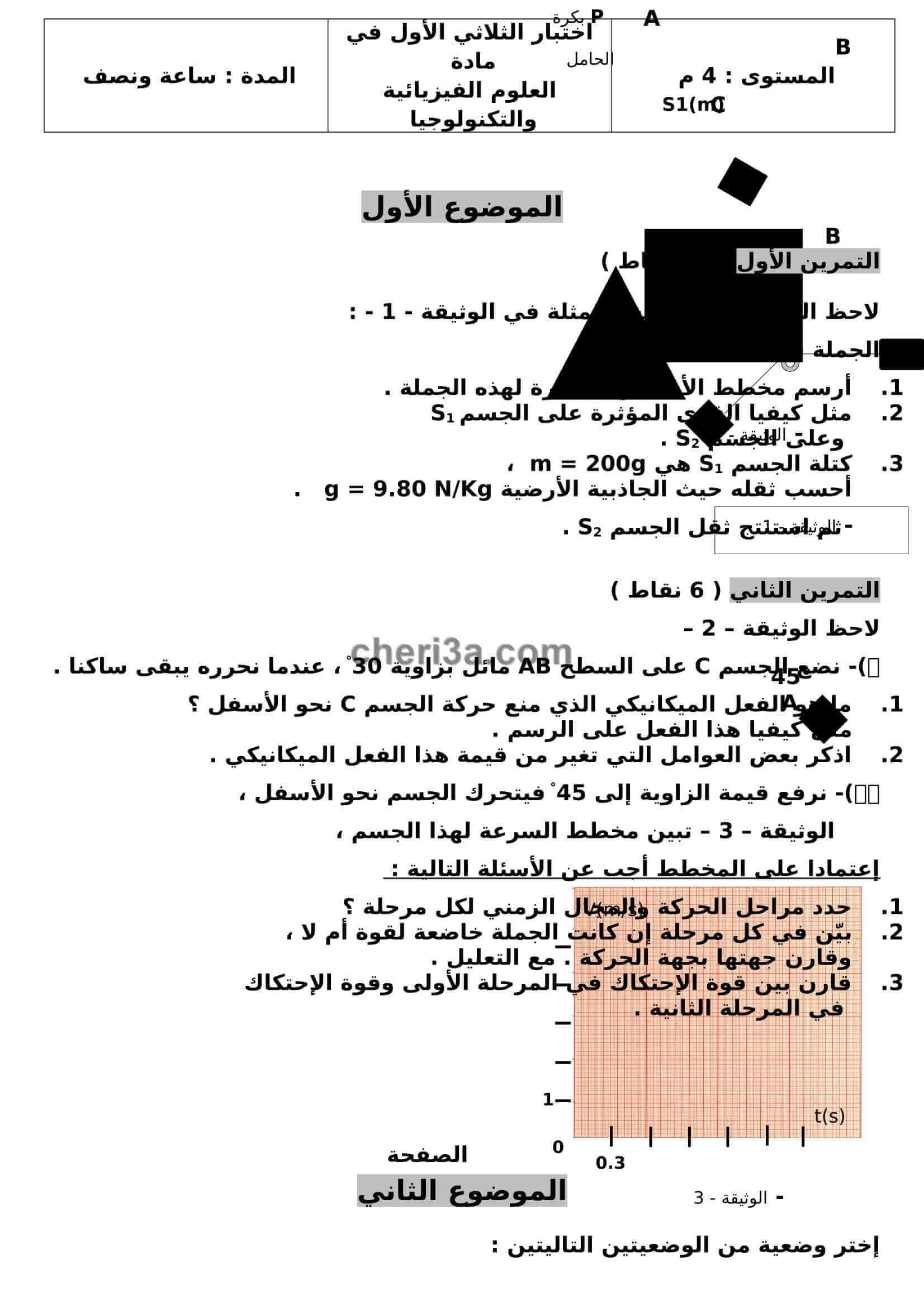 اختبار الفصل الاول للسنة الرابعة متوسط في الفيزياء