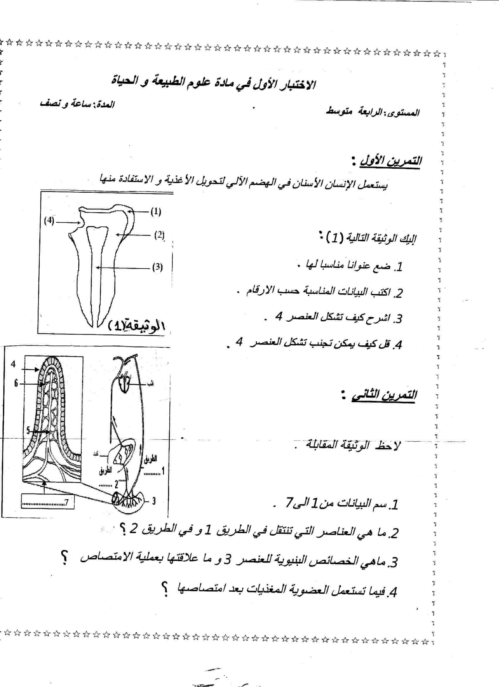 اختبار الفصل الاول للسنة الرابعة متوسط في العلوم الطبيعية النموذج 7