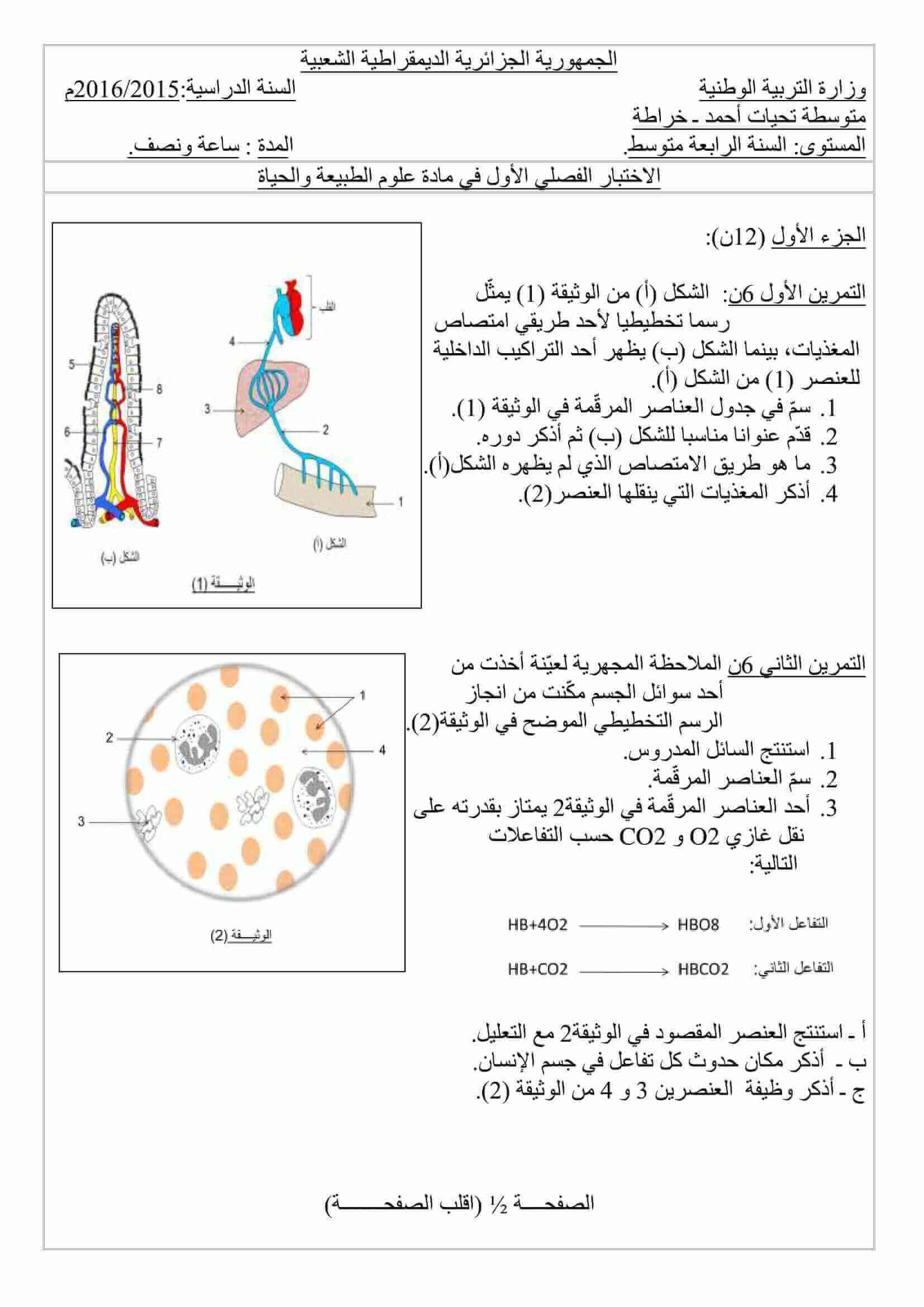 اختبار الفصل الاول للسنة 4 متوسط في العلوم الطبيعية النموذج 5